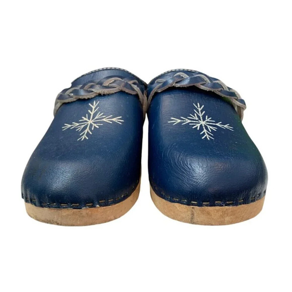 J. Walkley Clogs Shoes Womens 7.5 Blue Slip On  Plaited Strap Leather Wood - Picture 2 of 10